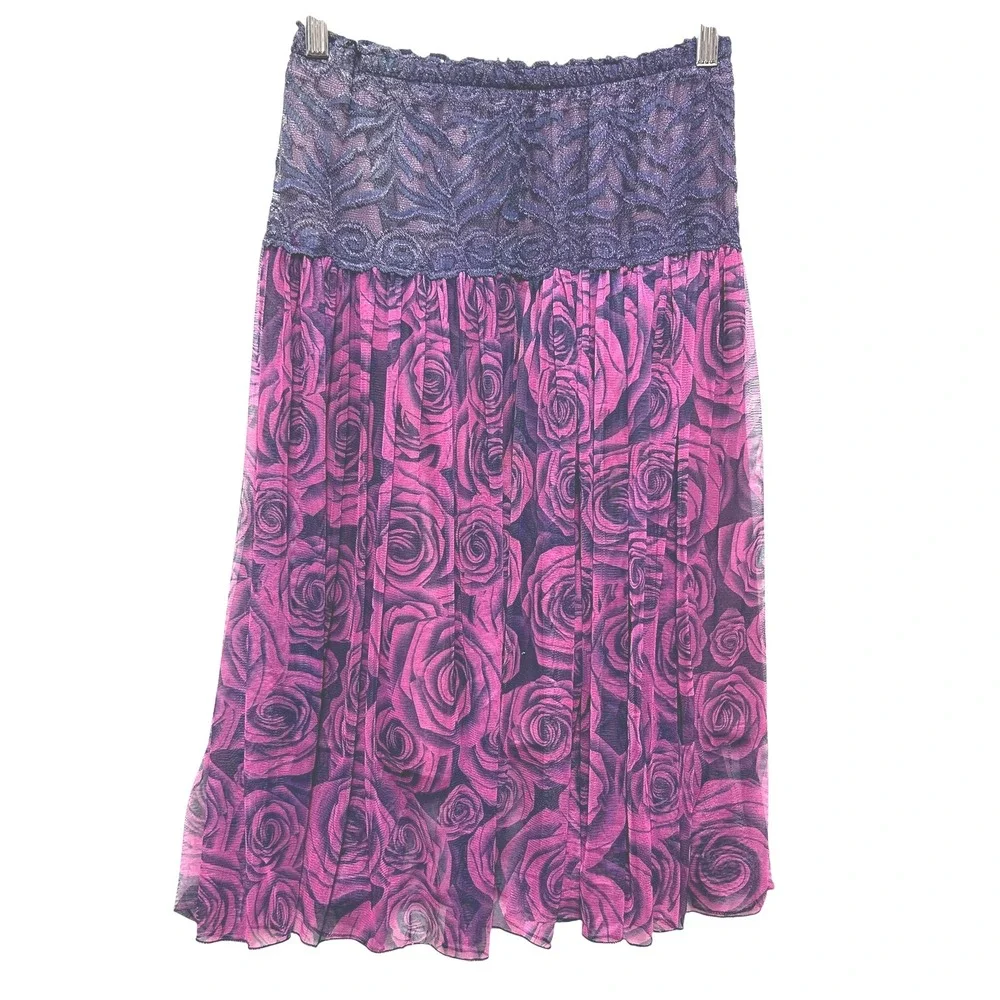 Y2K Womens Whimsygoth Skirt‎ Purple Black Floral Lace Waist Midi Fairygrunge